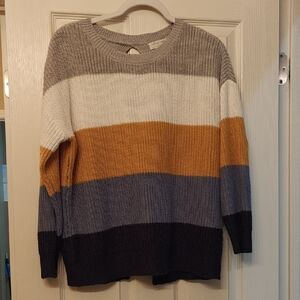 Striped Scoop-Neck Sweater in Gray, Cream & Mustard